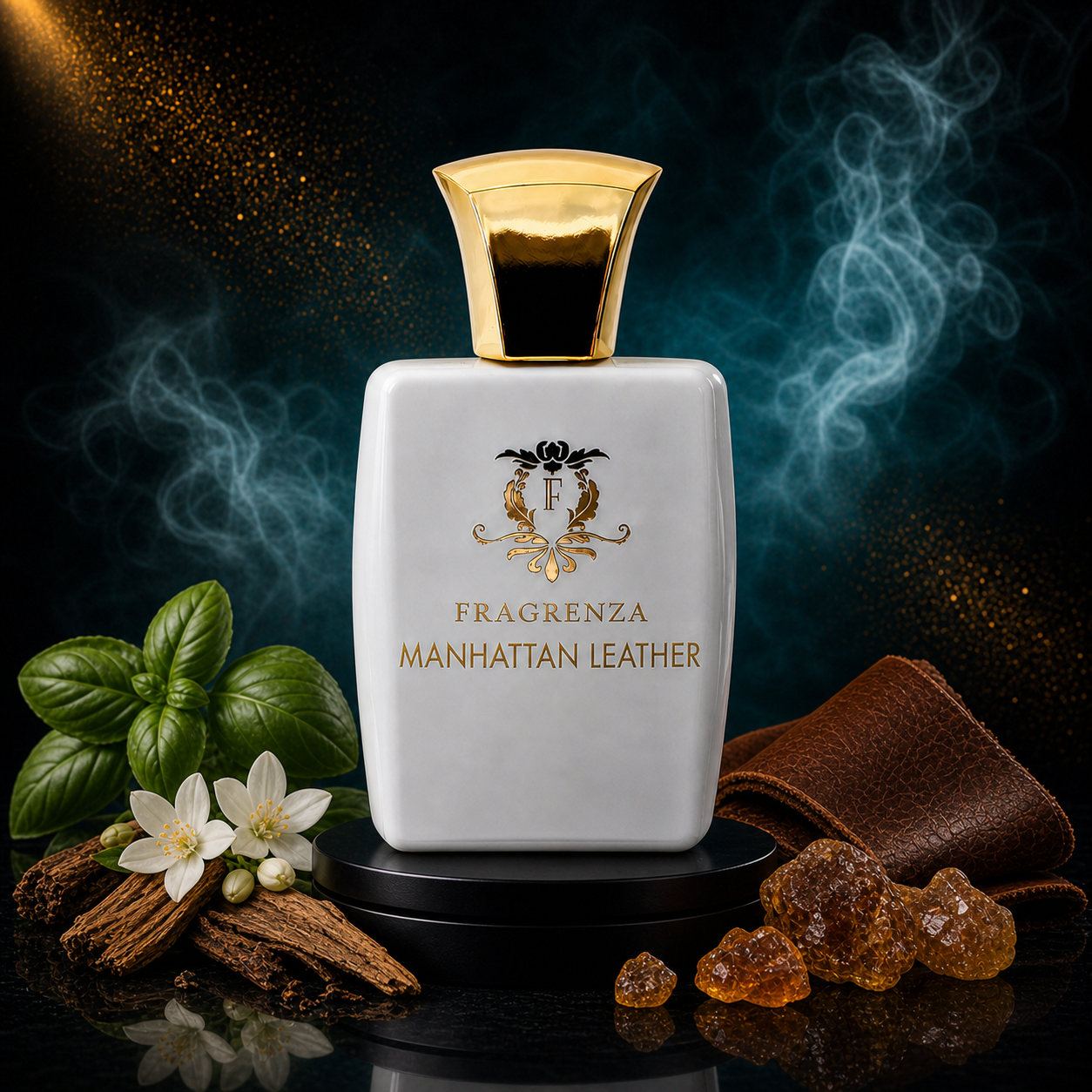 Manhattan Leather by Fragrenza Twist — original men's eau de parfum with Basil, Jasmine, Sage, Resins, Woody Notes, Leather, Violet, Incense, Amber, Olibanum, Oud. Vegan and cruelty-free.