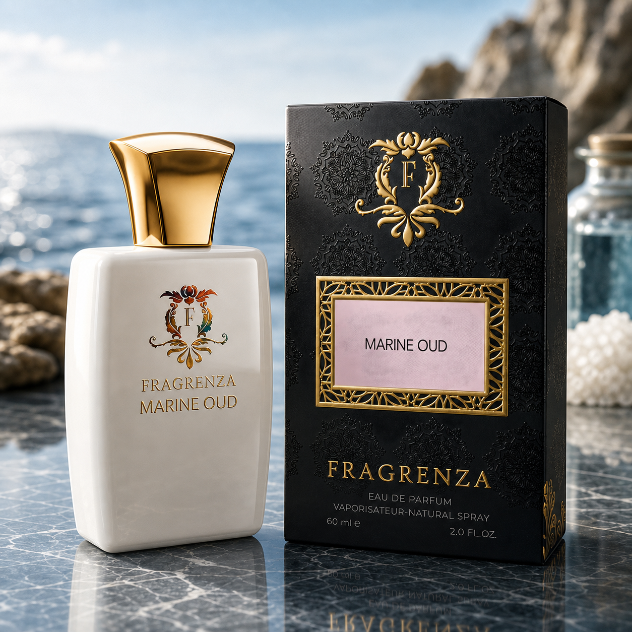 Marine Oud by Fragrenza — boxed bottle, inspired by Tom Ford Oud Minérale. Vegan and cruelty-free.