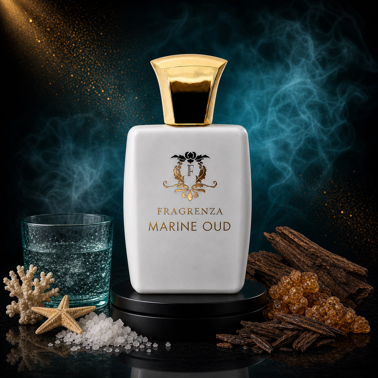 Marine Oud by Fragrenza — niche unisex eau de parfum inspired by Tom Ford Oud Minérale, with Salt, Sea Water, Styrax, Seaweed, Oud, Pink Pepper. Vegan and cruelty-free.