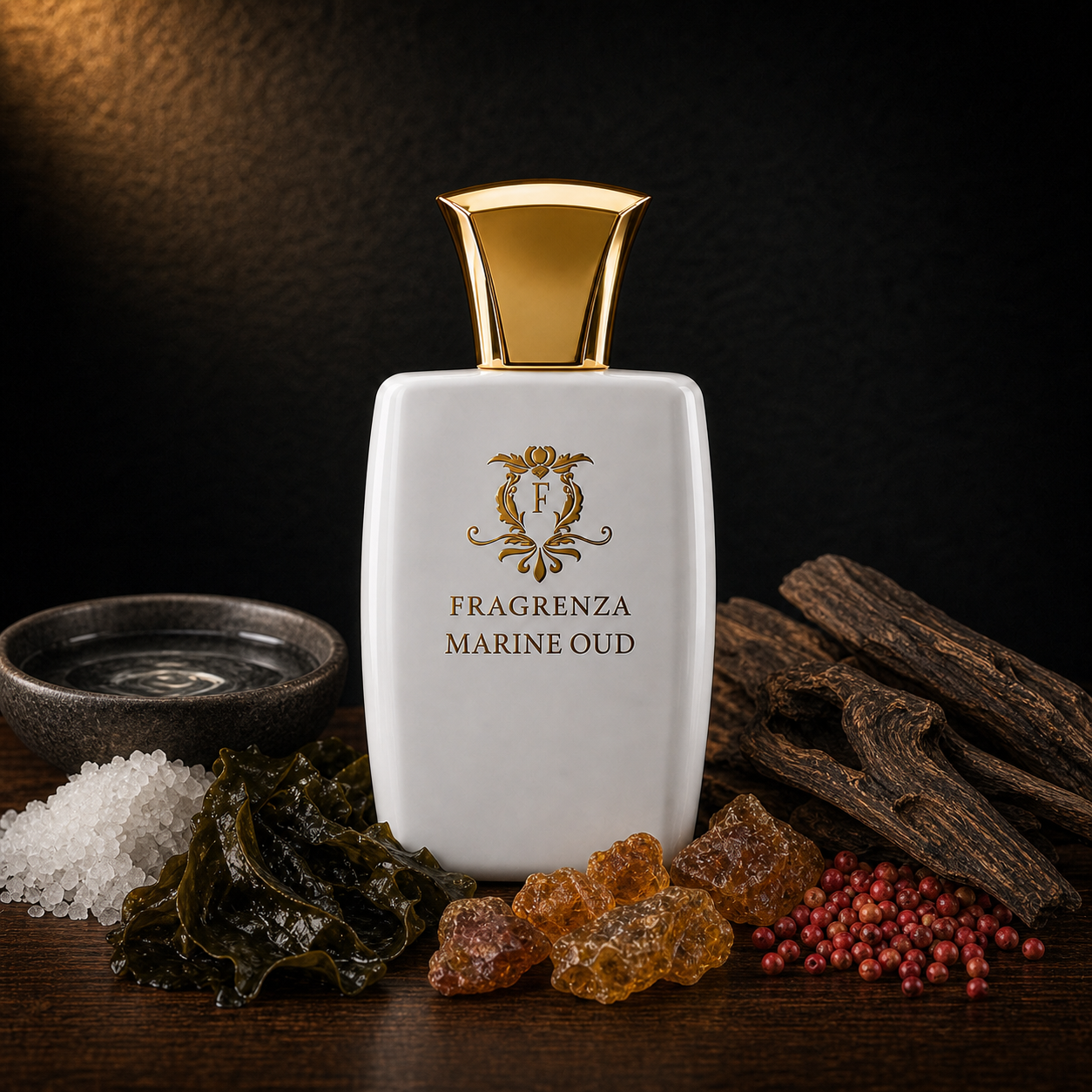 Marine Oud by Fragrenza — niche unisex eau de parfum inspired by Tom Ford Oud Minérale, with Salt, Sea Water, Styrax, Seaweed, Oud, Pink Pepper. Vegan and cruelty-free.