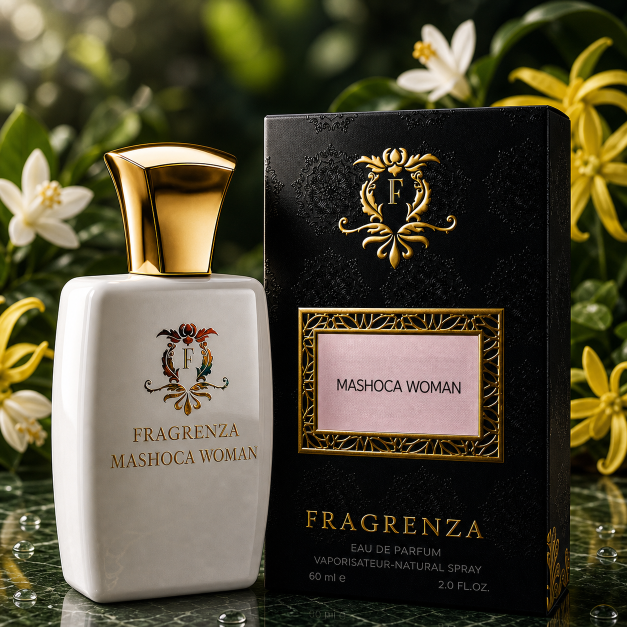 Mashoca Woman by Fragrenza — boxed bottle, inspired by Amouage Imitation Woman. Vegan and cruelty-free.