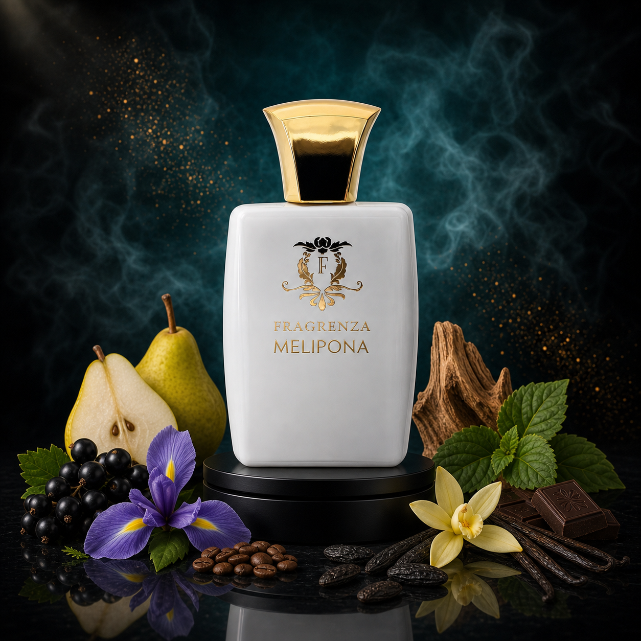 Melipona by Fragrenza Twist — original women's eau de parfum with Black Currant, Pear, Pink Pepper, Iris, Orange Blossom, Coffee, Jasmine, Patchouli, Tonka Bean, Vanilla, Cedar, Chocolate. Vegan and cruelty-free.
