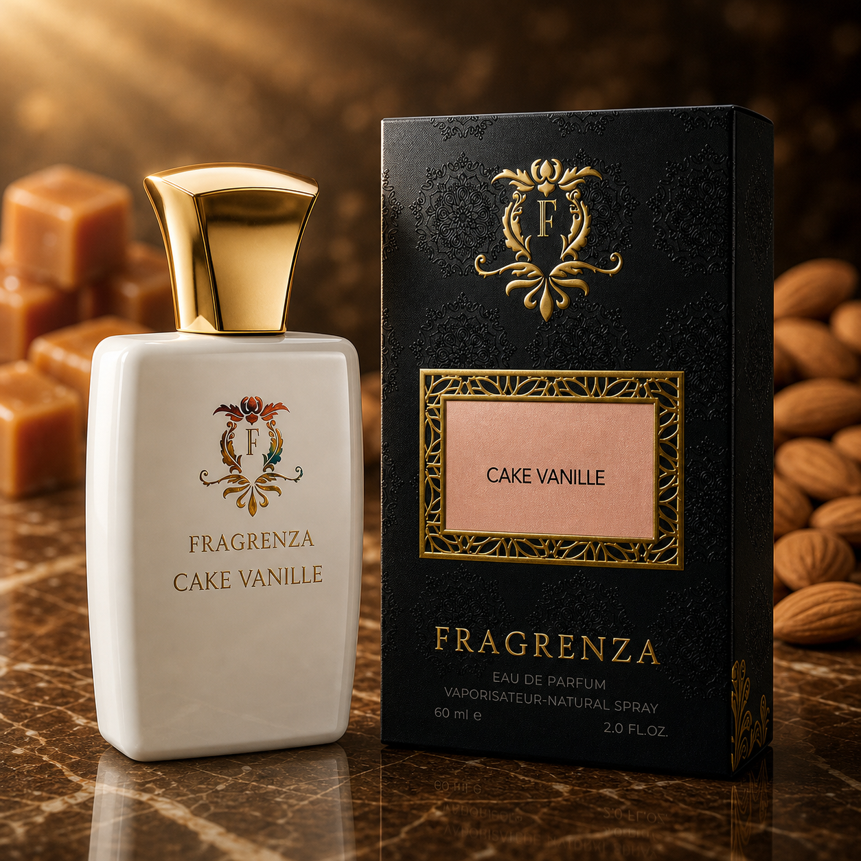 Cake Vanille by Fragrenza — boxed bottle, inspired by Montale Vanilla Cake. Vegan and cruelty-free.