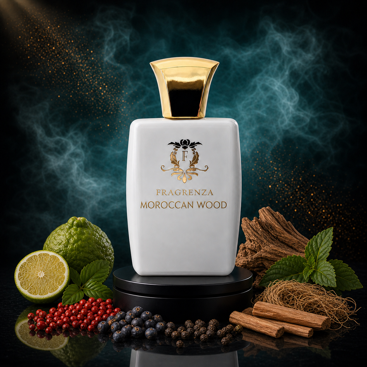 Moroccan Wood by Fragrenza — niche unisex eau de parfum inspired by Tom Ford Bois Marocain, with Pink Pepper, Juniper, Black Pepper, Bergamot, Woody Notes, Atlas Cedar, Vetiver, Sandalwood, Patchouli. Vegan and cruelty-free.