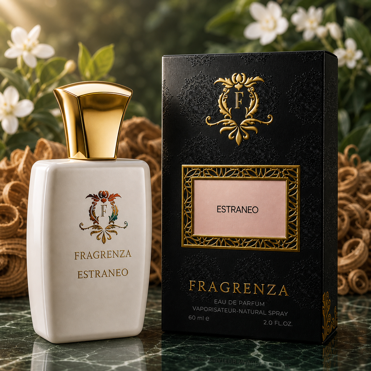 Estraneo by Fragrenza — boxed bottle, inspired by Mugler Alien. Vegan and cruelty-free.