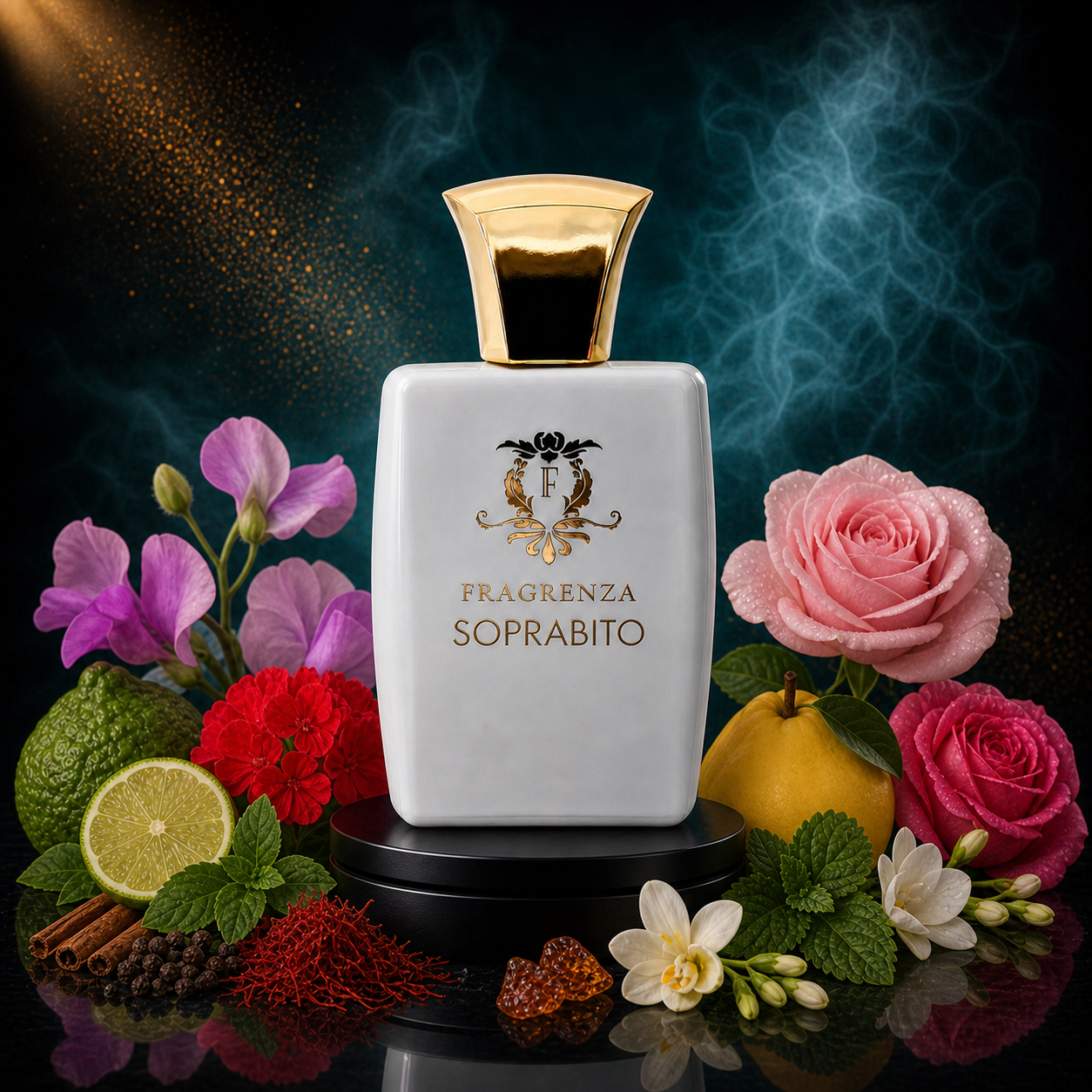 Soprabito by Fragrenza — niche women's eau de parfum inspired by Burberry My Burberry, with Sweet Pea, Bergamot, Geranium, Freesia, Quince, Patchouli, Damask Rose, Rose. Vegan and cruelty-free.