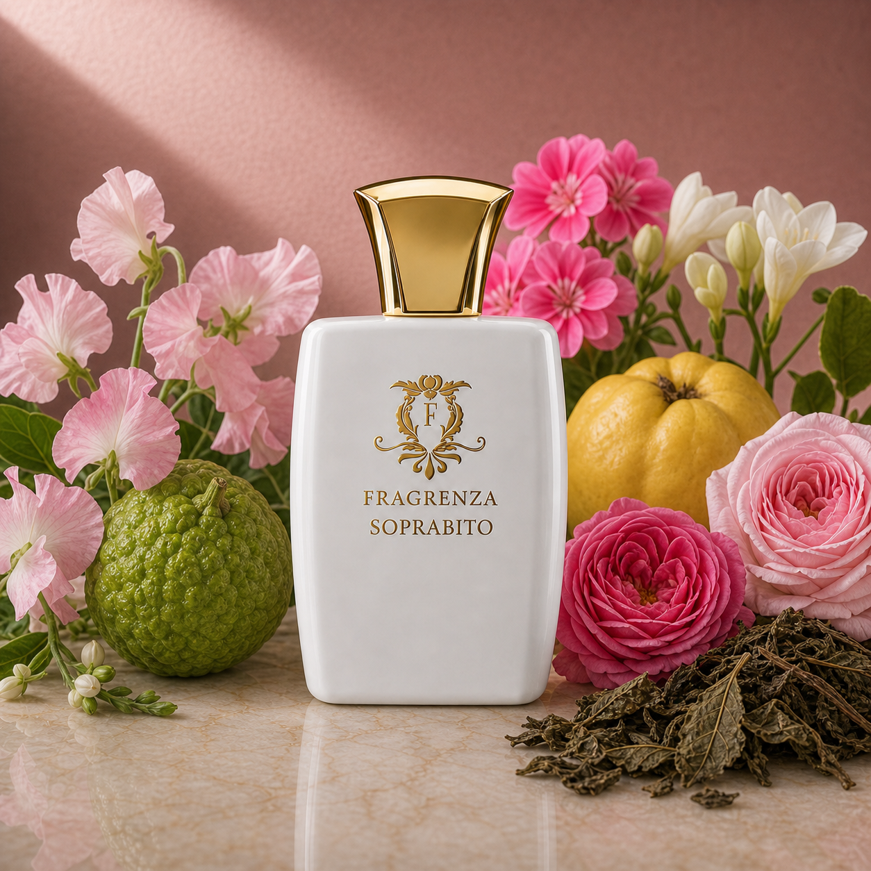 Soprabito by Fragrenza — niche women's eau de parfum inspired by Burberry My Burberry, with Sweet Pea, Bergamot, Geranium, Freesia, Quince, Patchouli, Damask Rose, Rose. Vegan and cruelty-free.