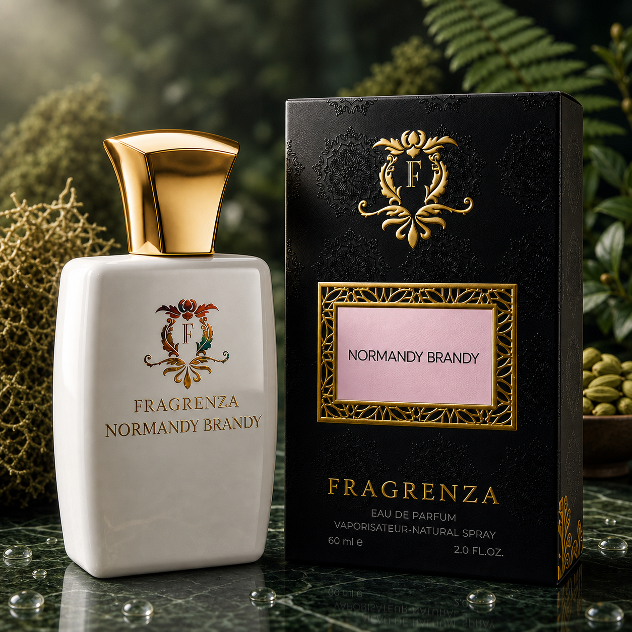 Normandy Brandy by Fragrenza — boxed bottle, inspired by Kilian Apple Brandy On The Rocks. Vegan and cruelty-free.