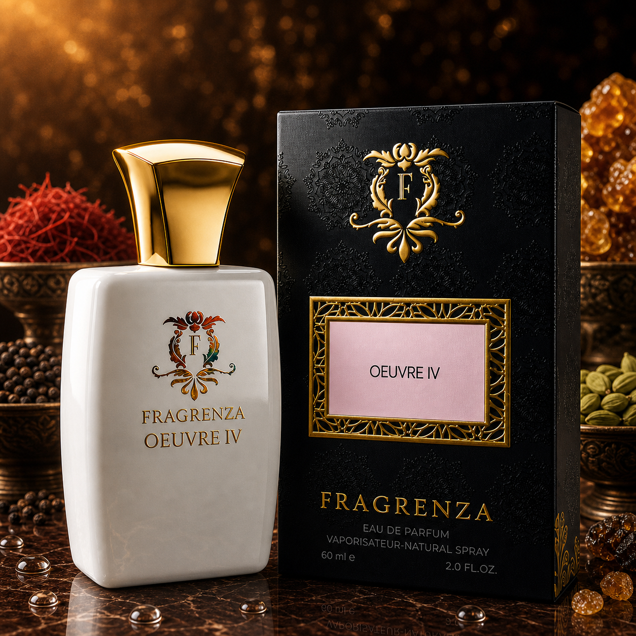 Oeuvre IV by Fragrenza — boxed bottle, inspired by Amouage Opus IV. Vegan and cruelty-free.