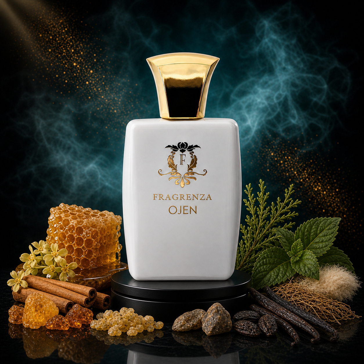 Ojen by Fragrenza — niche unisex eau de parfum inspired by Parfums de Marly Oajan, with Cinnamon, Honey, Osmanthus, Benzoin, Labdanum, Ambergris, Davana, Patchouli, Musk, Vanilla, Tonka Bean. Vegan and cruelty-free.