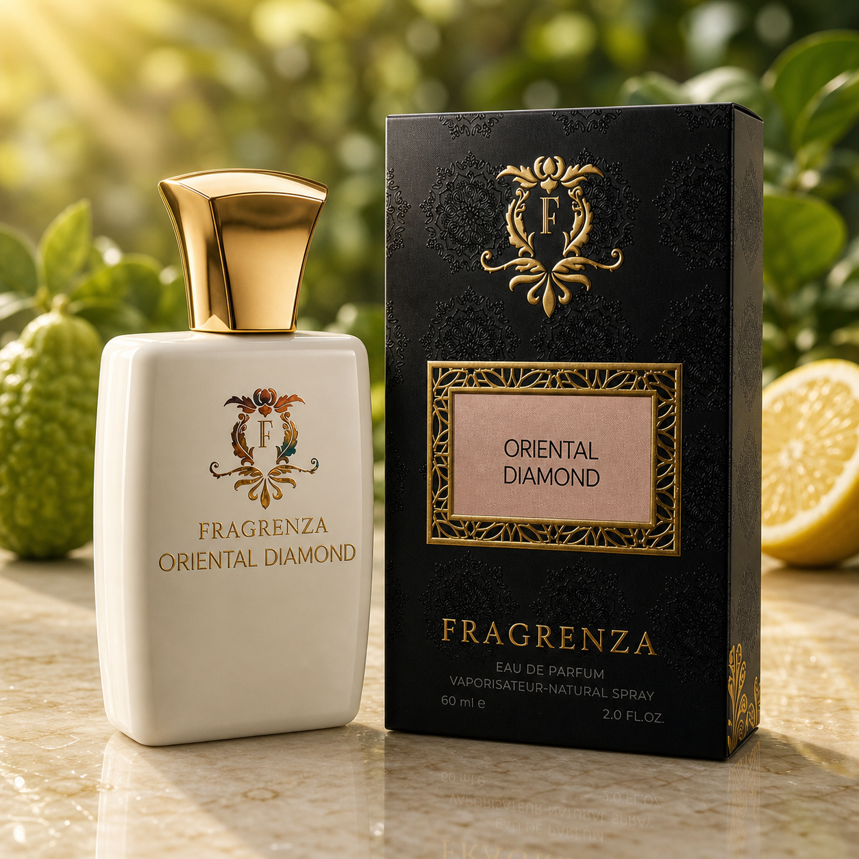 Oriental Diamond by Fragrenza — boxed bottle. Vegan and cruelty-free.