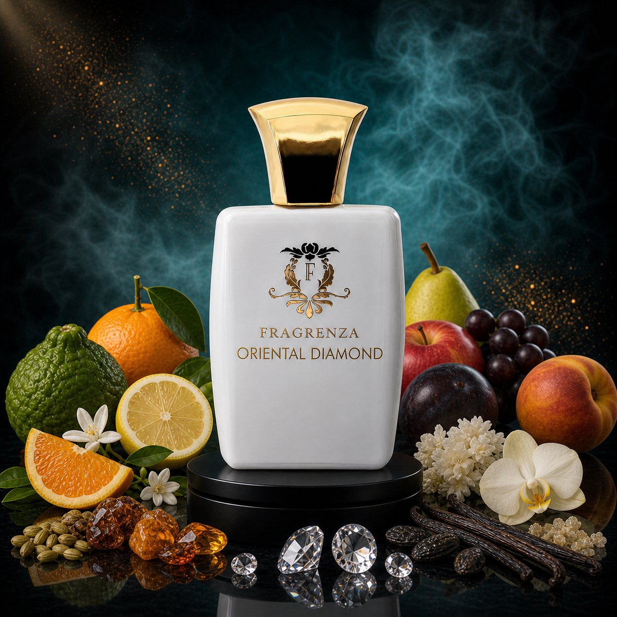 Oriental Diamond by Fragrenza Twist — original unisex eau de parfum with Bergamot, Orange, Lemon, Fruity Notes, Amber, Vanilla, White Musk. Vegan and cruelty-free.