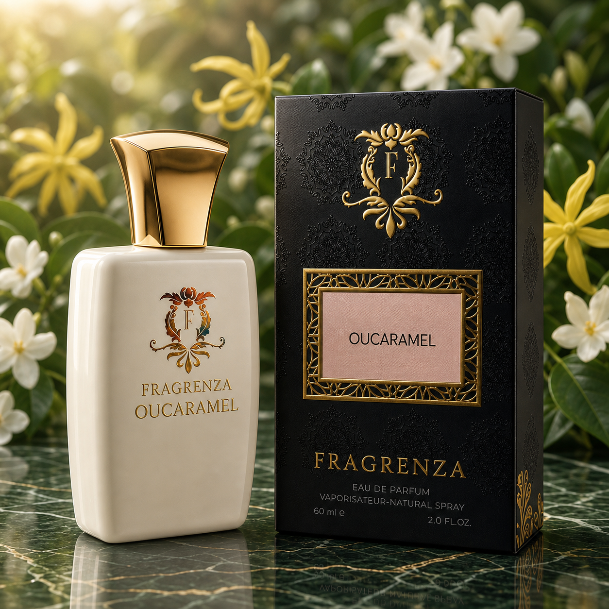 Oucaramel by Fragrenza — boxed bottle. Vegan and cruelty-free.