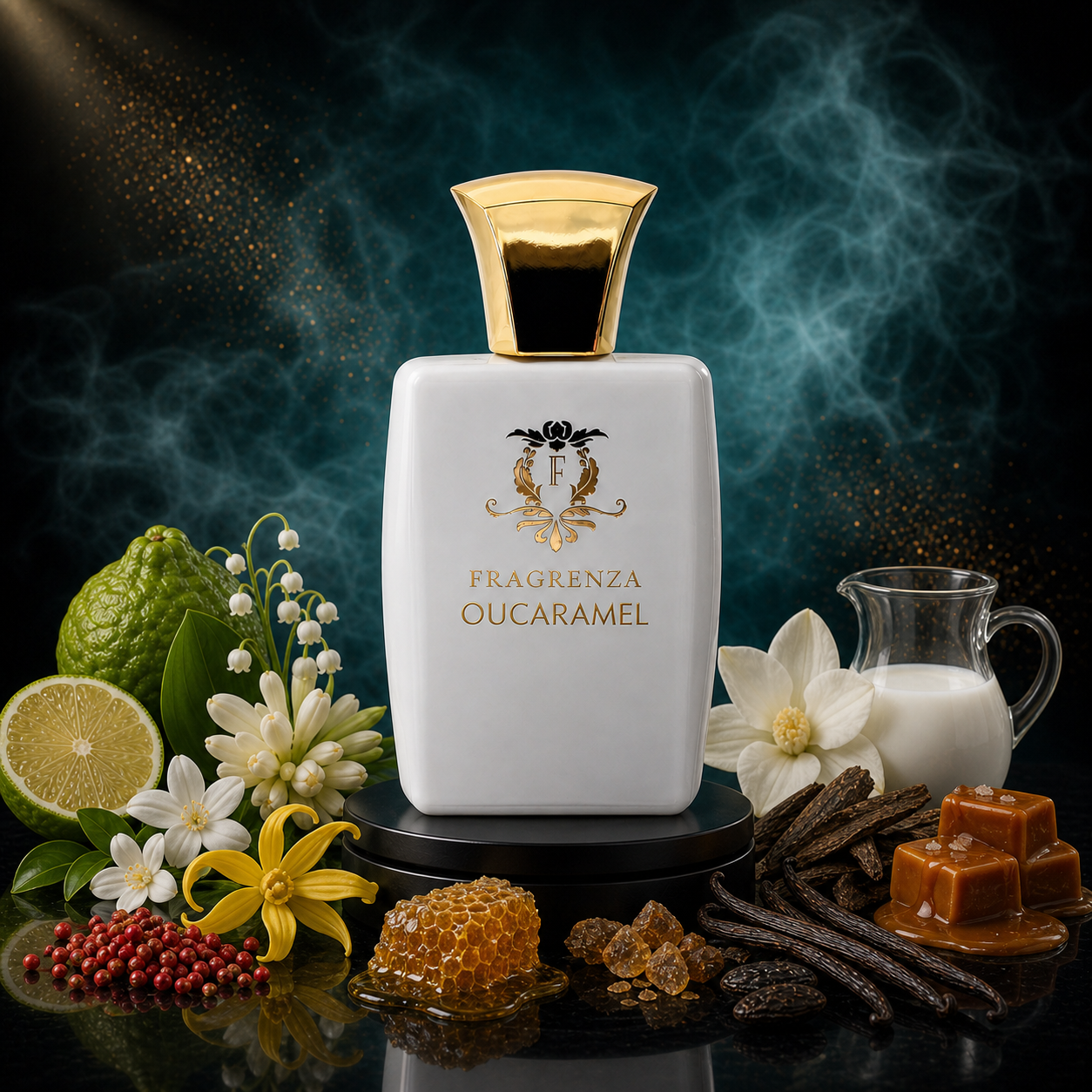 Oucaramel by Fragrenza — original unisex eau de parfum with Bergamot, Pink Pepper, Ylang Ylang, Jasmine, Tuberose, Lily of the Valley, Honey, Paradisone, Oud, Vanilla, Caramel, Milk. Vegan and cruelty-free.