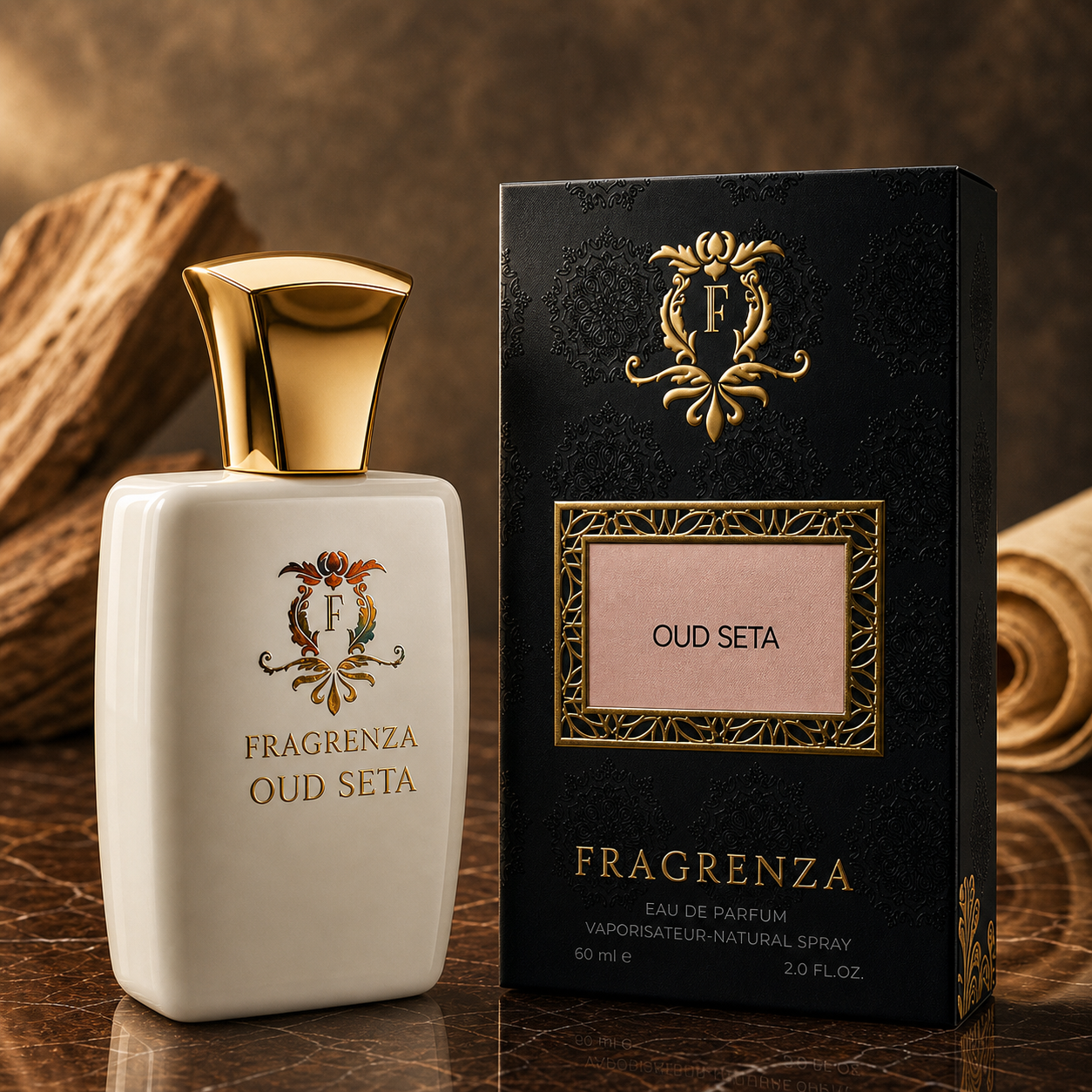 Oud Seta by Fragrenza — boxed bottle, inspired by MFK Oud Silk Mood. Vegan and cruelty-free.