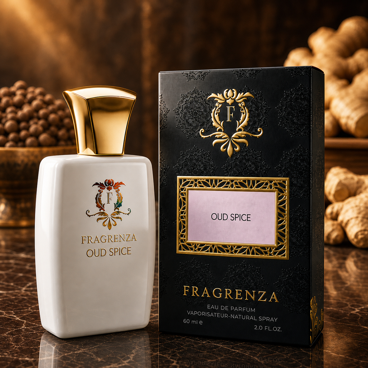 Oud Spice by Fragrenza — boxed bottle, inspired by Tom Ford Oud Fleur. Vegan and cruelty-free.