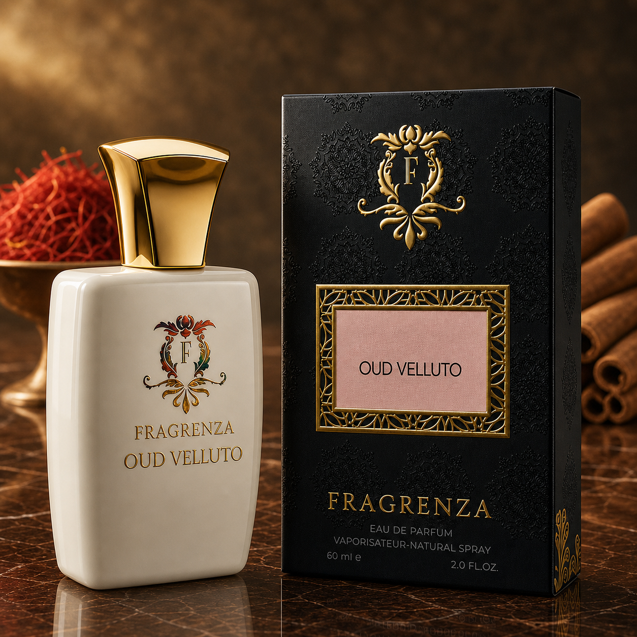 Oud Velluto by Fragrenza — boxed bottle, inspired by MFK Oud Velvet Mood. Vegan and cruelty-free.