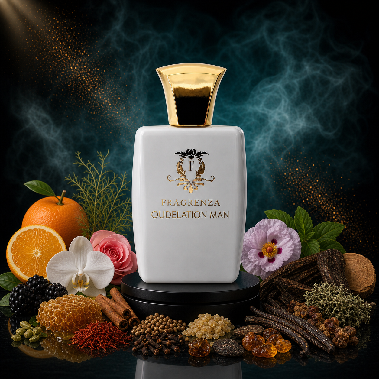 Oudelation Man by Fragrenza — niche men's eau de parfum inspired by Amouage Jubilation XXV, with Labdanum, Coriander, Orange, Davana, Frankincense, Blackberry, Honey, Bay, Cinnamon, Orchid, Rose, Clove, Celery Seed, Gaiac Wood, Patchouli, Opoponax, Myrrh, Cedarwood, Musk, Oakmoss, Ambergris, Oud, Immortelle. Vegan and cruelty-free.