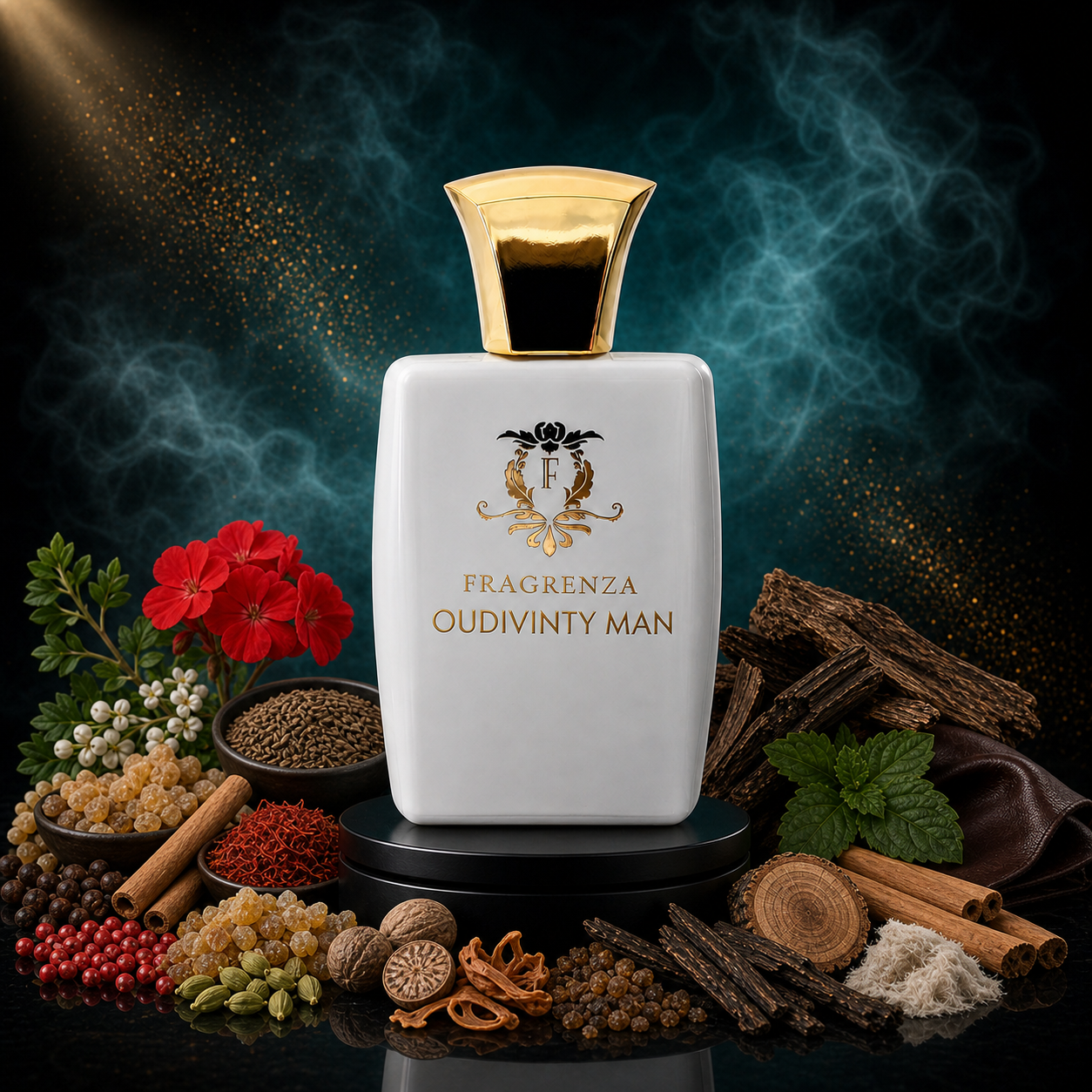 Oudivinty Man by Fragrenza — niche men's eau de parfum inspired by Amouage Epic Man, with Pink Pepper, Caraway, Frankincense, Cumin, Cardamom, Saffron, Mace, Nutmeg, Myrtle, Geranium, Myrrh, Oud, Sandalwood, Patchouli, Leather, Frankincense, Cedarwood, Musk, Castoreum. Vegan and cruelty-free.