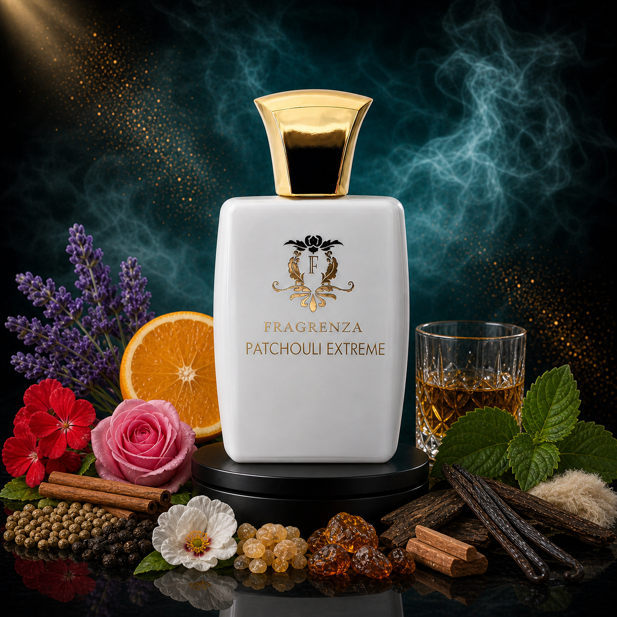 Patchouli Extreme by Fragrenza — niche unisex eau de parfum inspired by Nicolai Patchouli Intense, with Lavender, Orange, Geranium, Rose, Cinnamon, Rum, Patchouli, Sandalwood, Vanilla, Cistus, Frankincense, Amber, Musk. Vegan and cruelty-free.