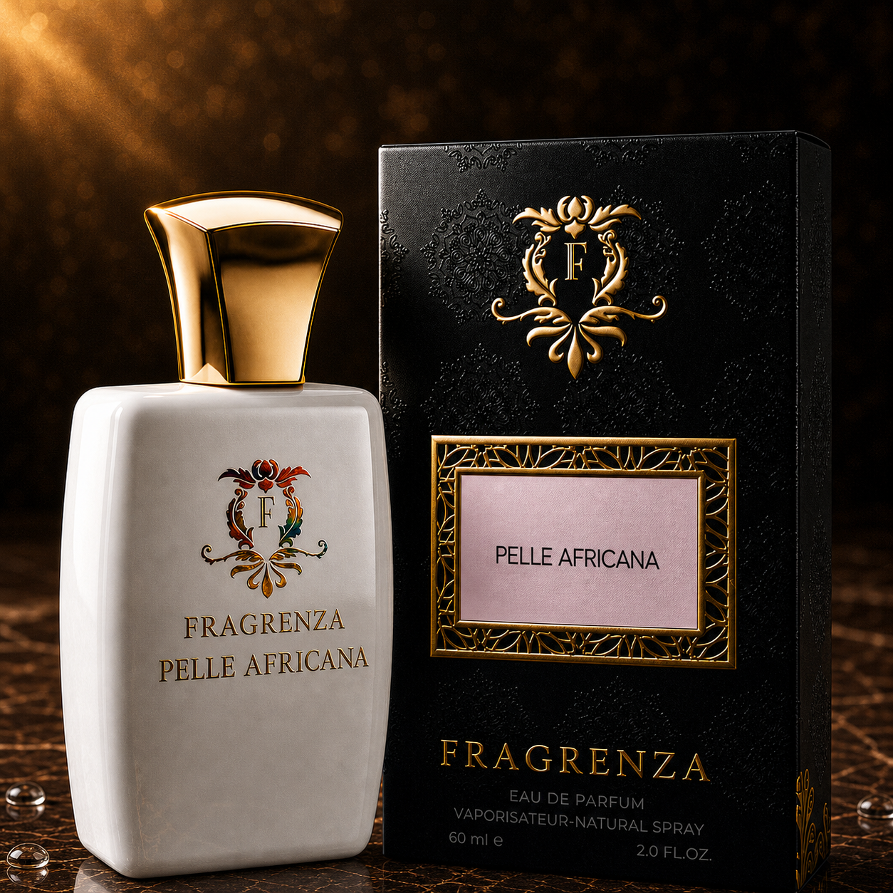 Pelle Africana by Fragrenza — boxed bottle, inspired by Memo African Leather. Vegan and cruelty-free.