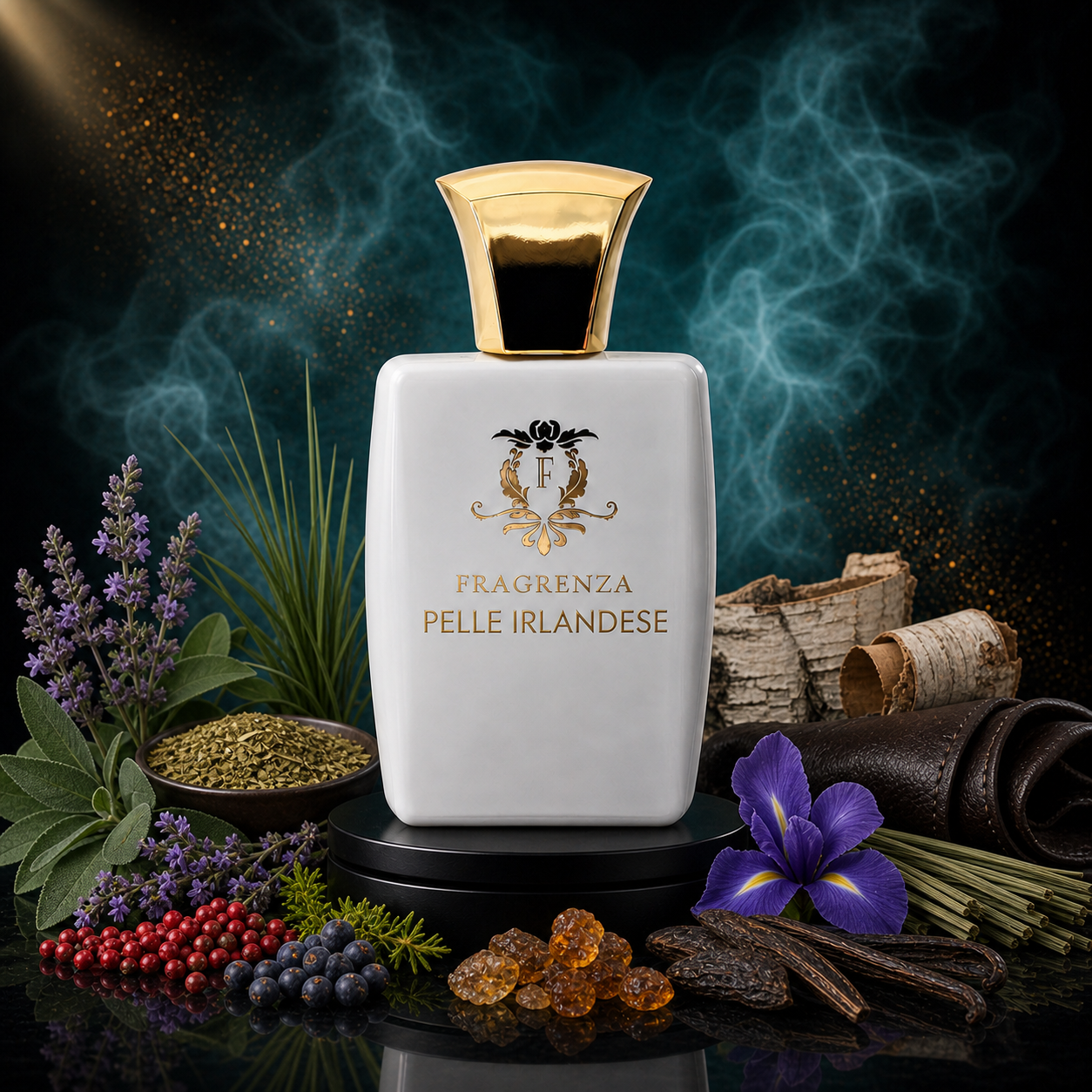 Pelle Irlandese by Fragrenza — niche unisex eau de parfum inspired by Memo Irish Leather, with Pink Pepper, Clary Sage, Juniper Berry, Mate, Sweet Grass, Iris, Tonka Bean, Leather, Birch, Amber. Vegan and cruelty-free.