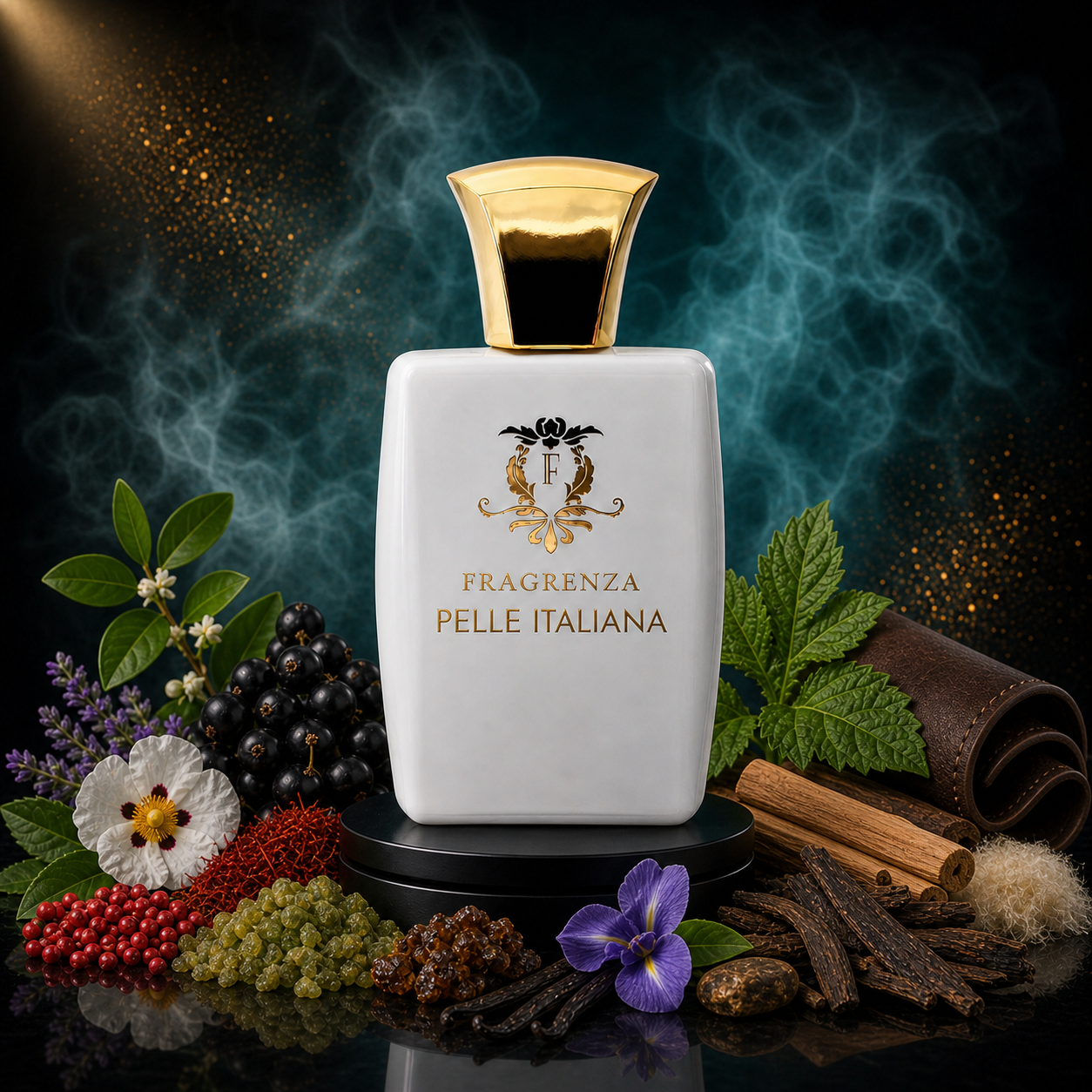 Pelle Italiana by Fragrenza — niche unisex eau de parfum inspired by Memo Italian Leather, with Pink Pepper, Petitgrain, Black Currant, Cistus, Galbanum, Clary Sage, Tomato Leaf, Iris, Vanilla, Sandalwood, Tolu Balsam, Opoponax, Myrrh, Benzoin, Leather, Musk. Vegan and cruelty-free.