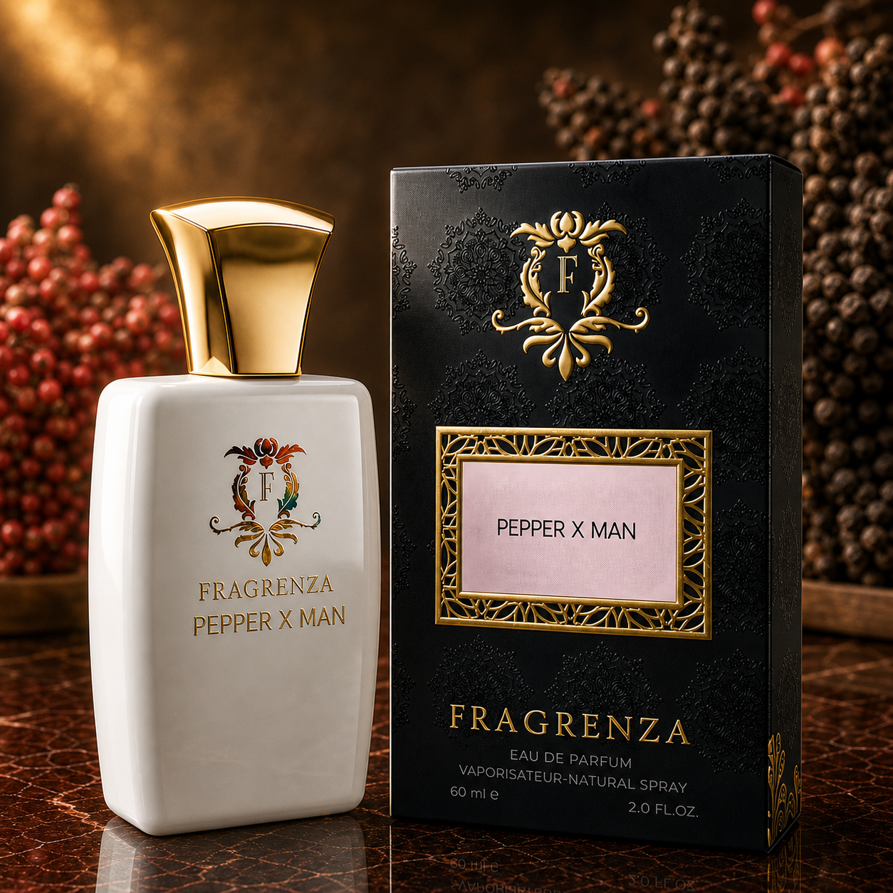 Pepper X Man by Fragrenza — boxed bottle, inspired by Amouage Honour Man. Vegan and cruelty-free.