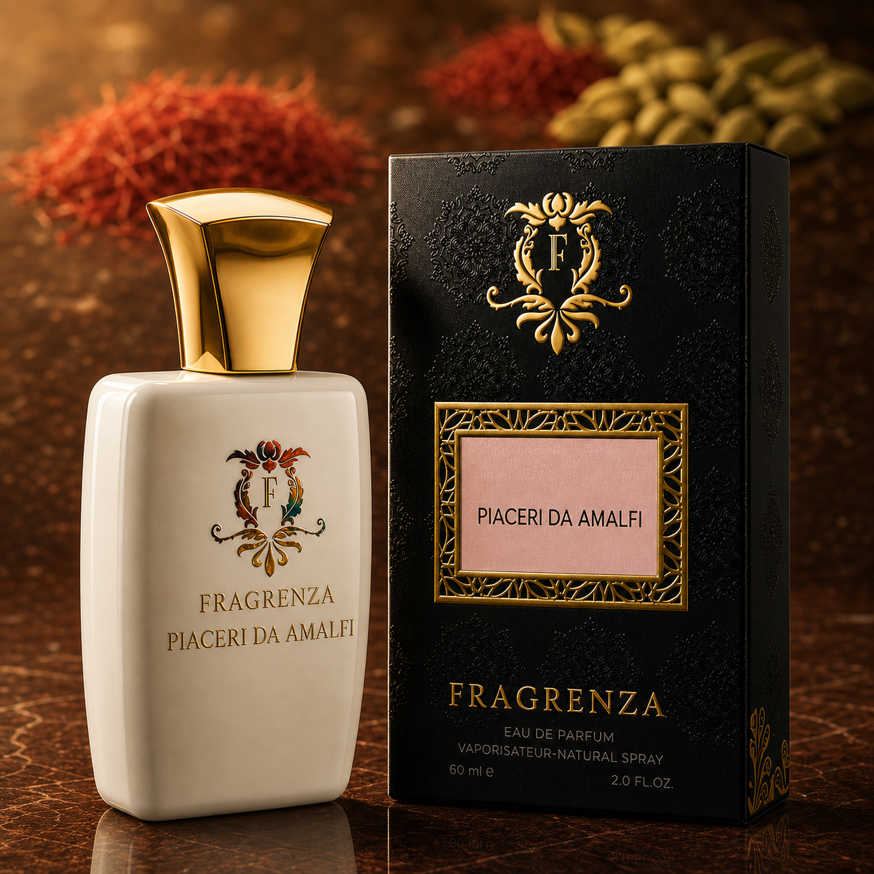 Piaceri da Amalfi by Fragrenza — boxed bottle, inspired by Xerjoff Dolce Amalfi. Vegan and cruelty-free.