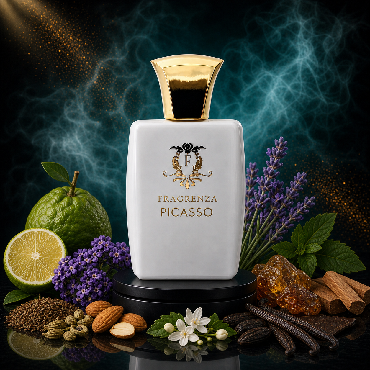 Picasso by Fragrenza — niche men's eau de parfum inspired by Parfums de Marly Pegasus, with Bergamot, Heliotrope, Caraway, Lavender, Almond, Jasmine, Ambergris, Vanilla, Sandalwood. Vegan and cruelty-free.