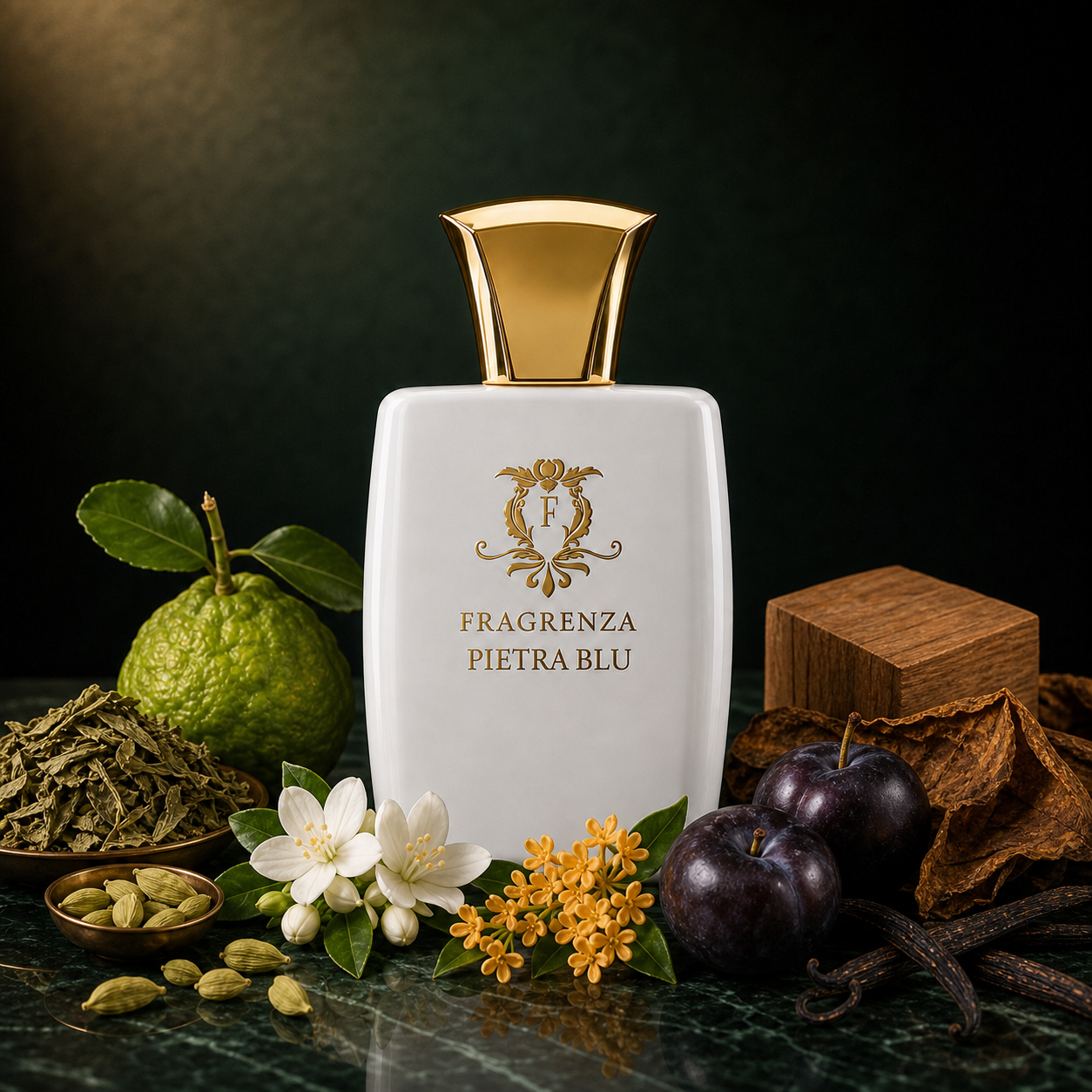 Pietra Blu by Fragrenza — niche unisex eau de parfum inspired by Giorgio Armani Armani Privé - Bleu Lazuli, with Mate, Bergamot, Cardamom, Jasmine, Osmanthus, Plum, Sandalwood, Honeyed Tobacco, Vanilla. Vegan and cruelty-free.