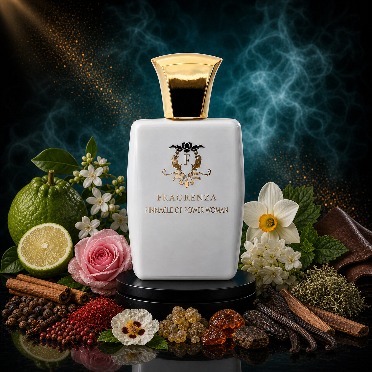 Pinnacle of Power Woman by Fragrenza — niche women's eau de parfum inspired by Amouage Fate Woman, with Bergamot, Cinnamon, Pimento, Pepper, Rose, Narcissus, Jasmine, Frankincense, Labdanum, Vanilla, Frankincense, Benzoin, Castoreum, Patchouli, Oakmoss, Leather. Vegan and cruelty-free.