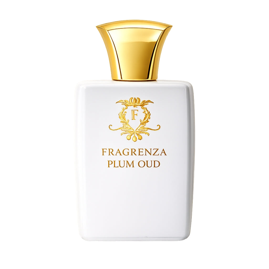 Fragrenza Plum Oud perfume bottle with gold cap and logo on a white background