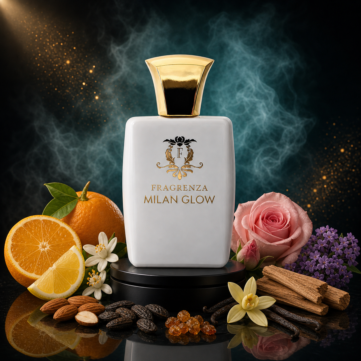 Milan Glow by Fragrenza — niche women's eau de parfum inspired by Dior Poison Girl, with Bitter Orange, Lemon, Damask Rose, Rose, Orange Blossom, Vanilla, Almond, Tonka Bean, Tolu Balsam, Sandalwood, Cashmeran, Heliotrope. Vegan and cruelty-free.