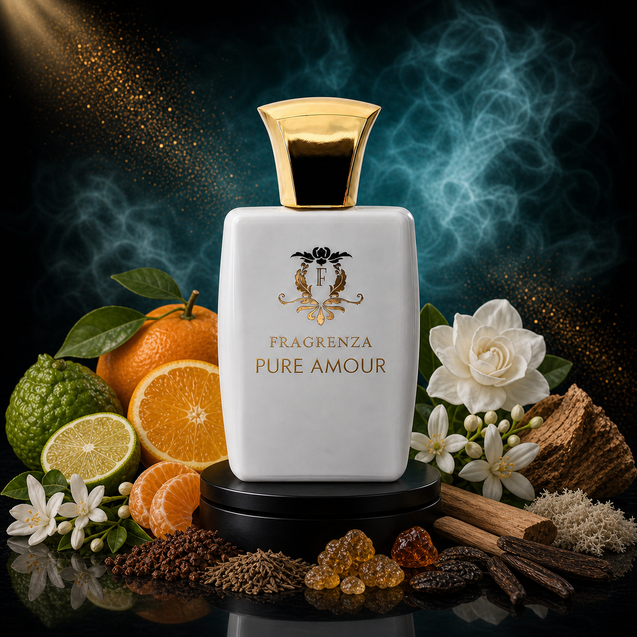 Pure Amour by Fragrenza — niche women's eau de parfum inspired by Dior Pure Poison, with Jasmine, Orange, Bergamot, Mandarin, Gardenia, Orange Blossom, Sandalwood, Amber, Cedar, White Musk. Vegan and cruelty-free.