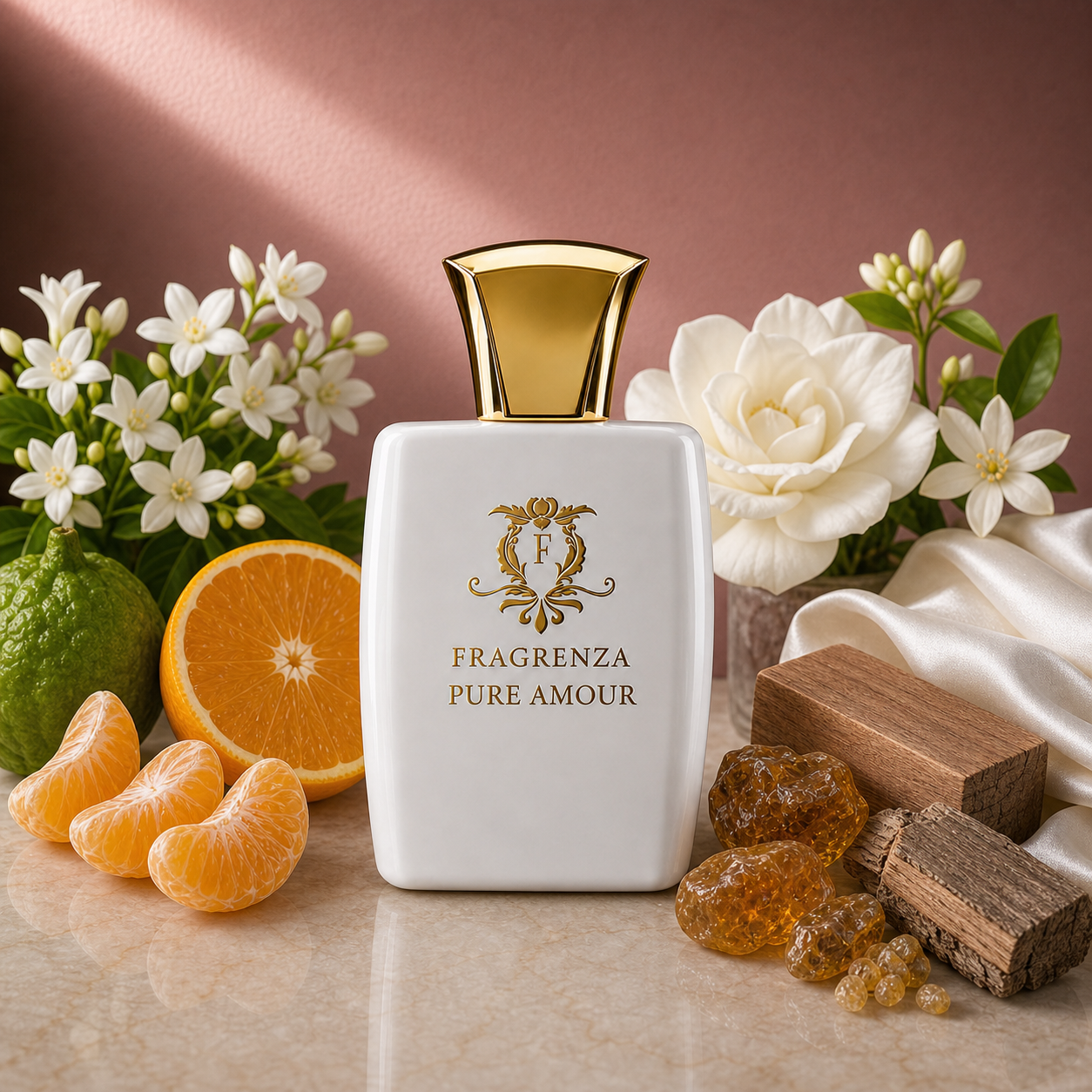 Pure Amour by Fragrenza — niche women's eau de parfum inspired by Dior Pure Poison, with Jasmine, Orange, Bergamot, Mandarin, Gardenia, Orange Blossom, Sandalwood, Amber, Cedar, White Musk. Vegan and cruelty-free.