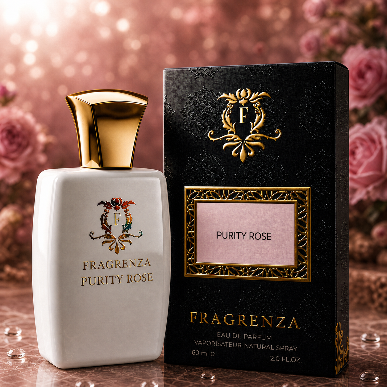 Purity Rose by Fragrenza — boxed bottle, inspired by Tom Ford Rose Prick. Vegan and cruelty-free.