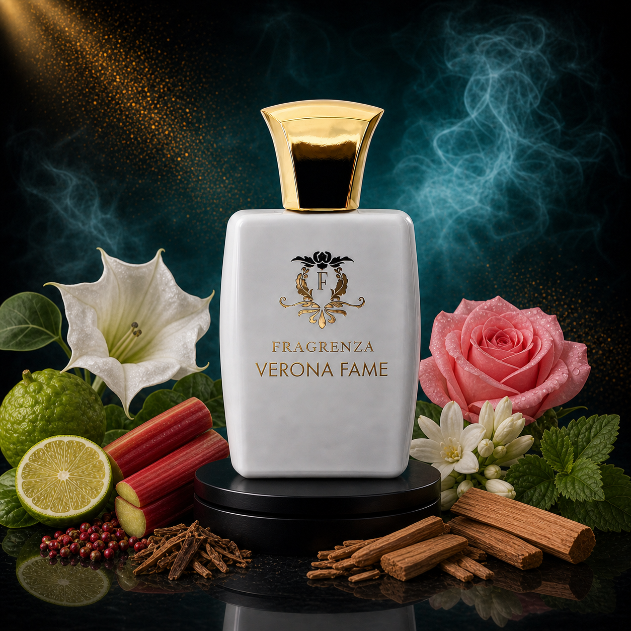 Verona Fame by Fragrenza — niche women's eau de parfum inspired by Nina Ricci Ricci Ricci, with Bergamot, Rhubarb, Datura, Rose, Tuberose, Patchouli, Sandalwood. Vegan and cruelty-free.