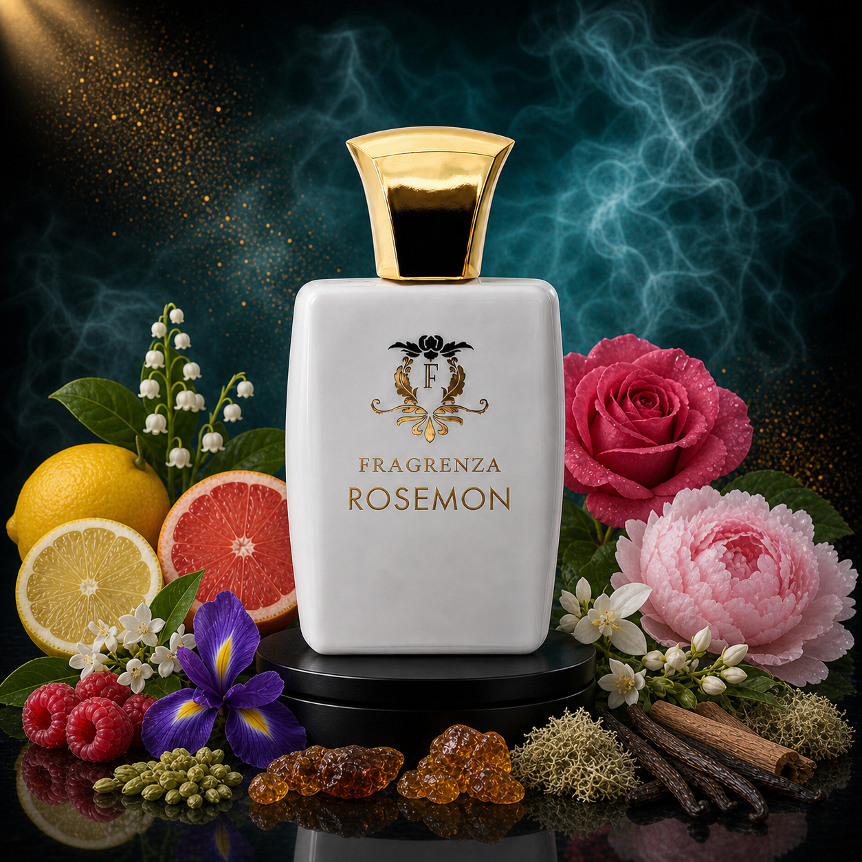 Rosemon by Fragrenza — original unisex eau de parfum with Lemon, Grapefruit, Raspberry, Rose, Lily of the valley, Peony, Jasmine, Iris, Amber, Musk, Oakmoss, Vanilla. Vegan and cruelty-free.