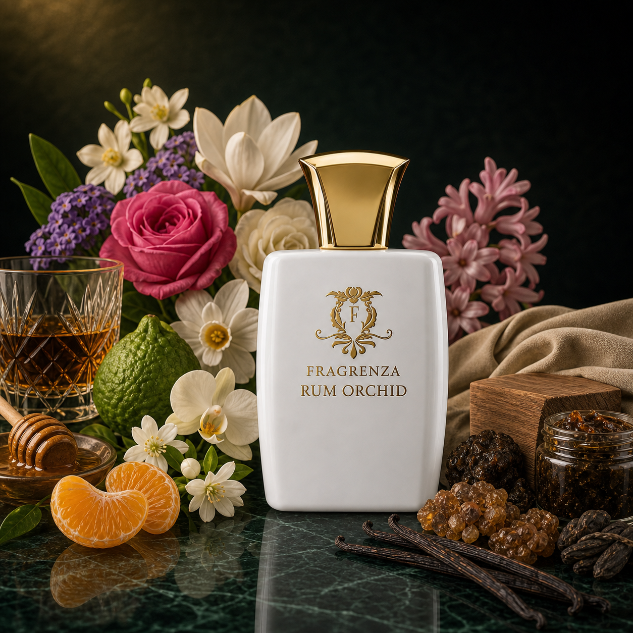 Rum Orchid by Fragrenza — niche women's eau de parfum inspired by Tom Ford Velvet Orchid, with Bergamot, Mandarin, Rum, Honey, Jasmine, Turkish Rose, Orchid, Orange Blossom, Rose, Heliotrope, Magnolia, Narcissus, Hyacinth, Labdanum, Sandalwood, Peru Balsam, Myrrh, Suede, Vanilla. Vegan and cruelty-free.
