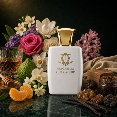 Rum Orchid by Fragrenza — niche women's eau de parfum inspired by Tom Ford Velvet Orchid, with Bergamot, Mandarin, Rum, Honey, Jasmine, Turkish Rose, Orchid, Orange Blossom, Rose, Heliotrope, Magnolia, Narcissus, Hyacinth, Labdanum, Sandalwood, Peru Balsam, Myrrh, Suede, Vanilla. Vegan and cruelty-free.