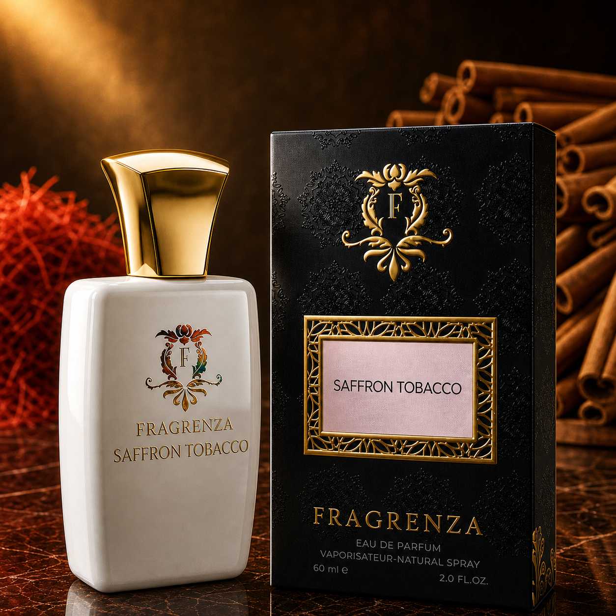 Saffron Tobacco by Fragrenza — boxed bottle, inspired by Mancera Red Tobacco. Vegan and cruelty-free.