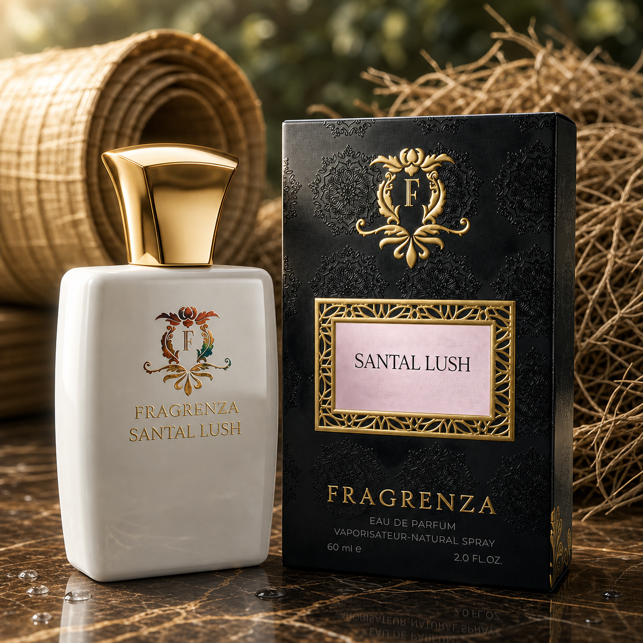 Santal Lush by Fragrenza — boxed bottle. Vegan and cruelty-free.