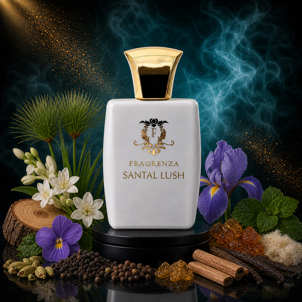 Santal Lush by Fragrenza — original unisex eau de parfum with Cardamom, Violet, Papyrus, Pepper, Tuberose, Amber, Iris, Vetiver, Sandalwood, Musk, Patchouli, Cedar. Vegan and cruelty-free.