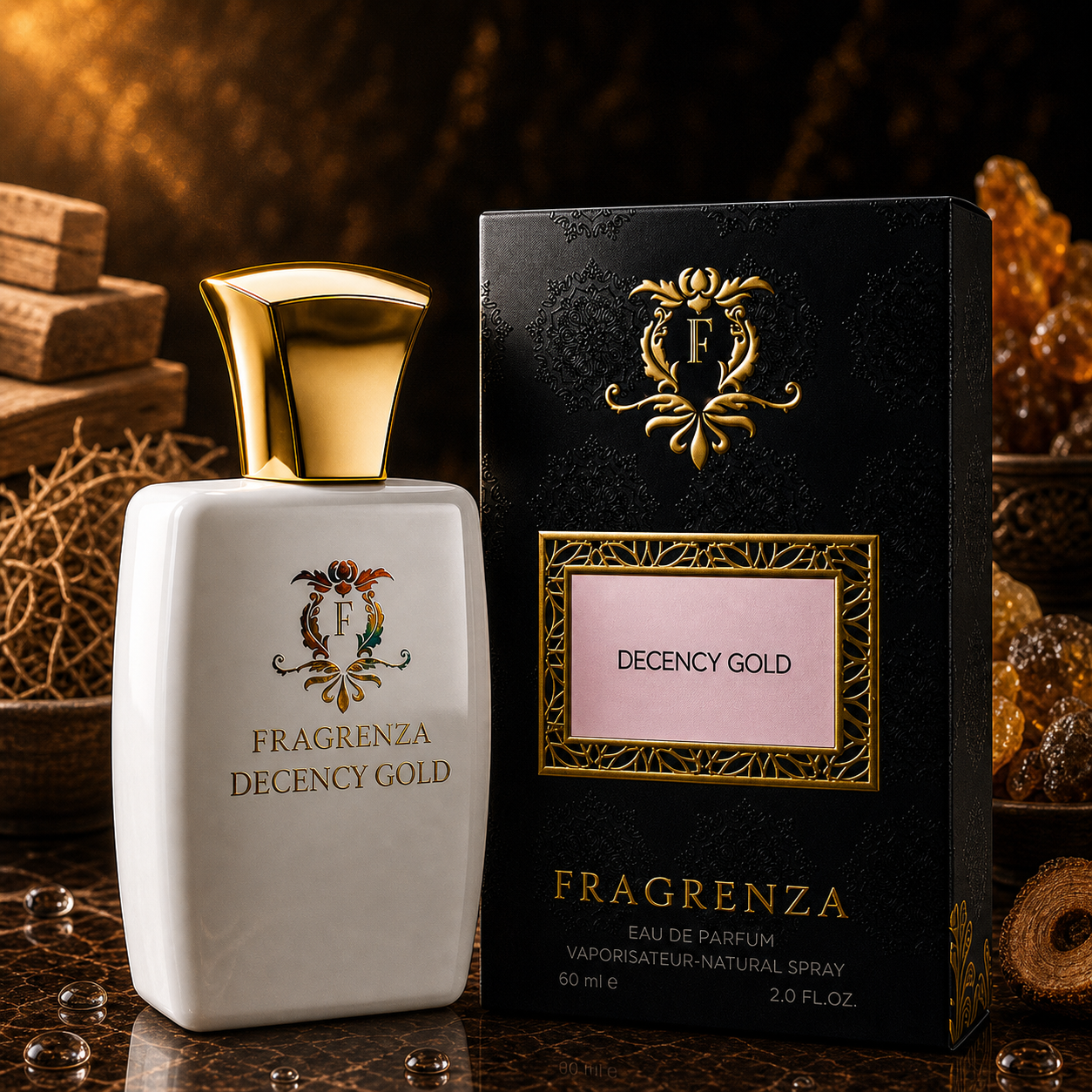 Decency Gold by Fragrenza — boxed bottle, inspired by Jean Paul Gaultier Scandal Gold. Vegan and cruelty-free.