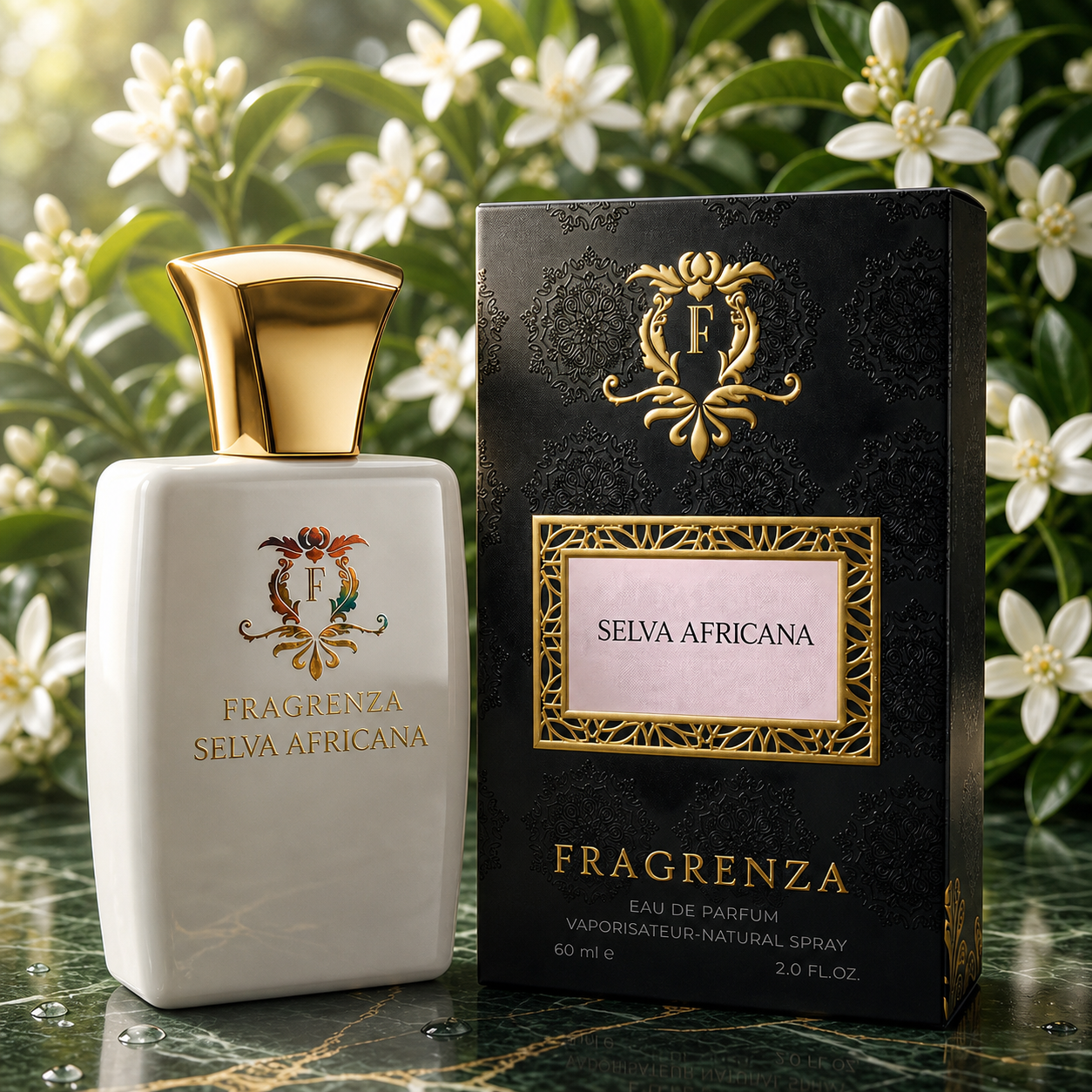 Selva Africana by Fragrenza — boxed bottle, inspired by Byredo Bal d'Afrique. Vegan and cruelty-free.