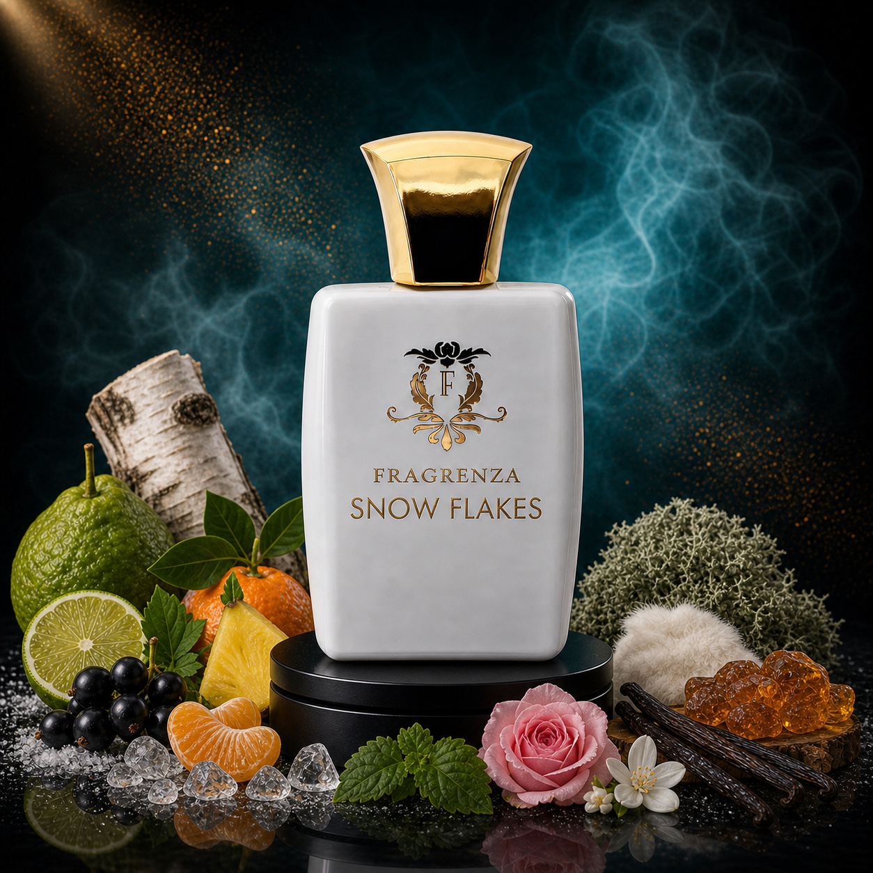 Snow Flakes by Fragrenza Twist — original men's eau de parfum with Bergamot, Black Currant, Pineapple, Mandarin, Birch, Patchouli, Rose, Jasmine, Musk, Oakmoss, Vanilla, Ambergris. Vegan and cruelty-free.