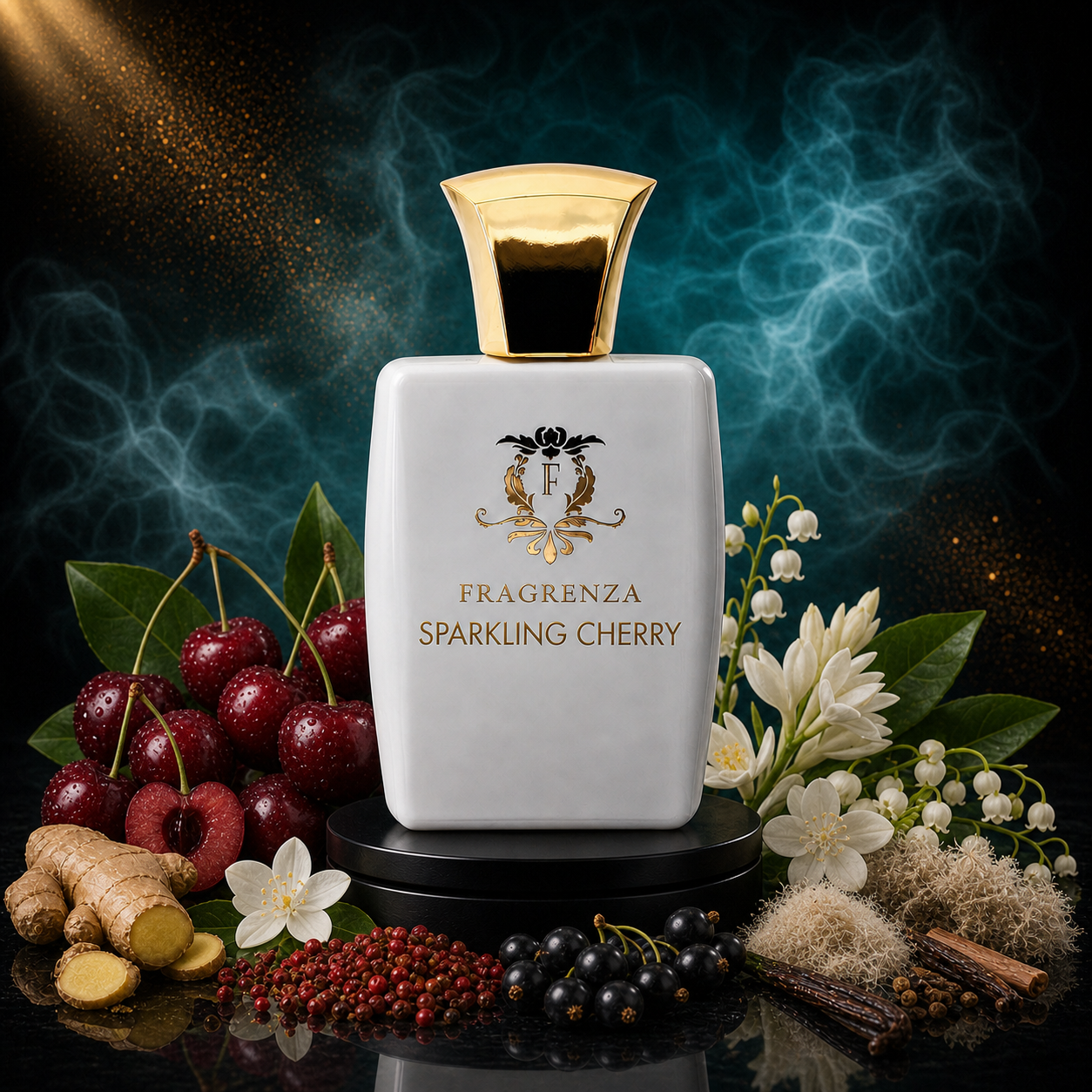 Sparkling Cherry by Fragrenza — niche unisex eau de parfum inspired by Tom Ford Electric Cherry, with Cherry, Ginger, Pink Pepper, Black Currant, Jasmine Sambac, Tuberose, Lily-Of-The-Valley, Ambrettolide, Pink Pepper, Musk. Vegan and cruelty-free.