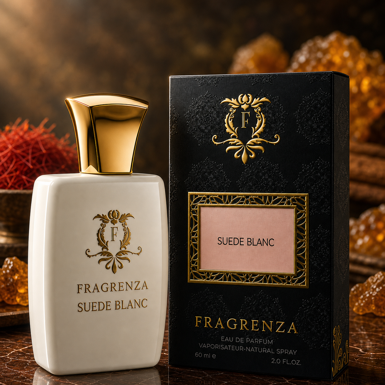 Suede Blanc by Fragrenza — boxed bottle, inspired by Tom Ford White Suede. Vegan and cruelty-free.
