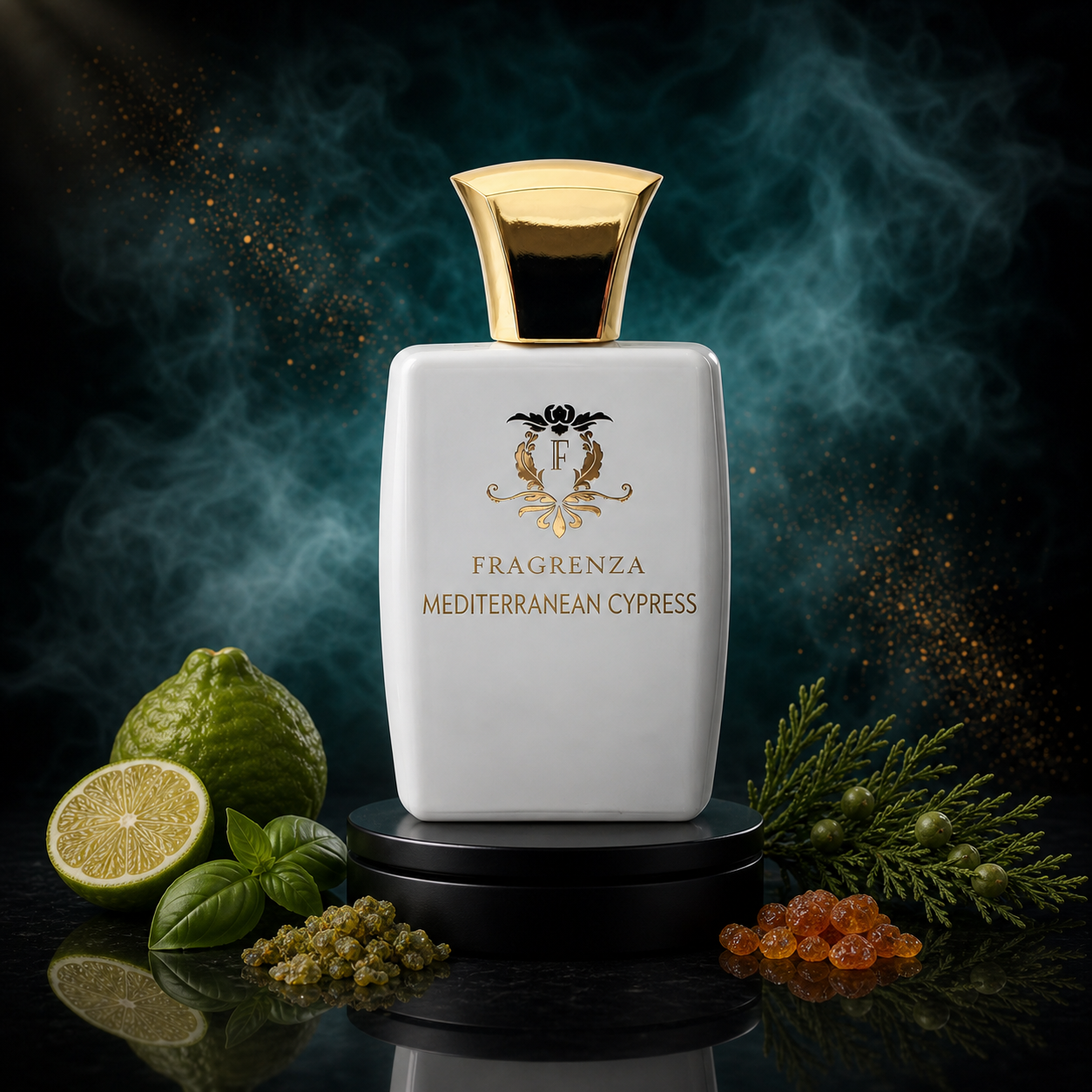 Mediterranean Cypress by Fragrenza — niche unisex eau de parfum inspired by Tom Ford Italian Cypress, with Bergamot, Galbanum, Mandarin, Mint, Basil, Carnation, Patchouli, Cypress, Labdanum, Oakmoss. Vegan and cruelty-free.